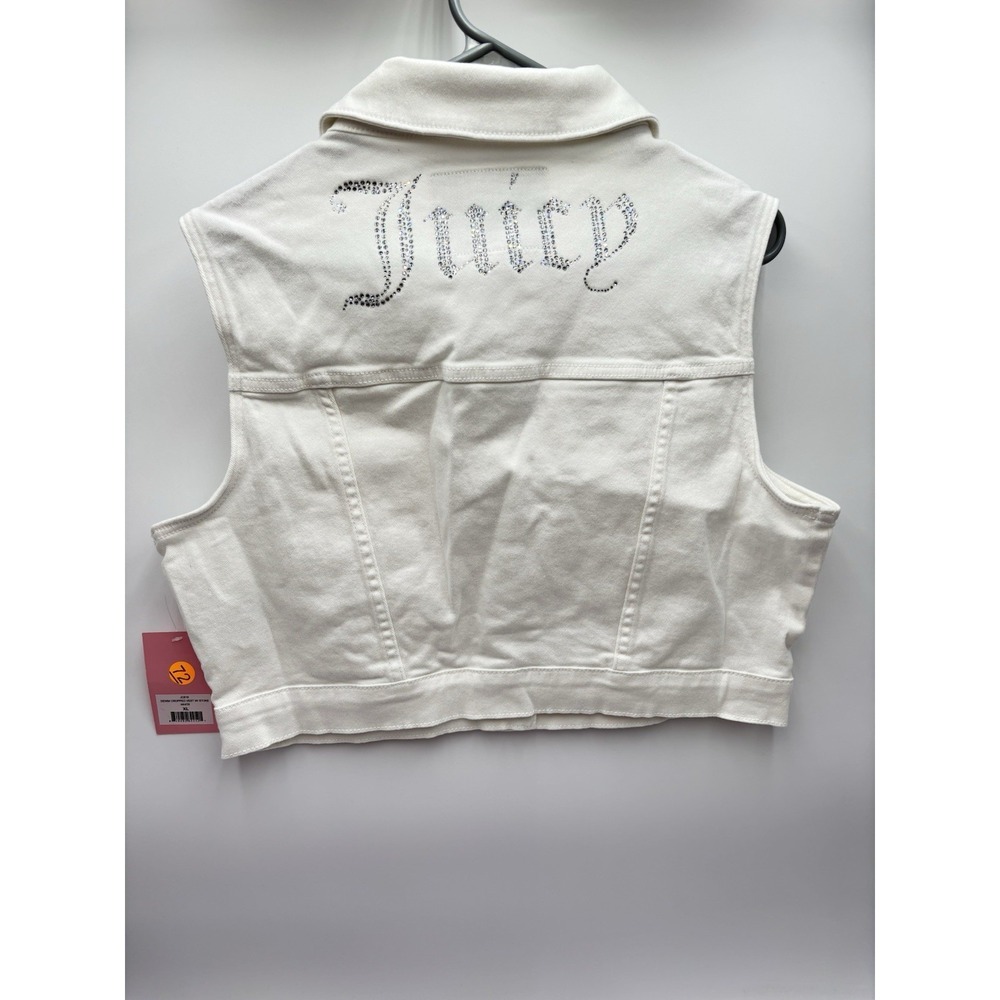 Juicy Couture White Denim Vest Rhinestone Juicy Back Y2K Cropped Jean Vest - Picture 4 of 6